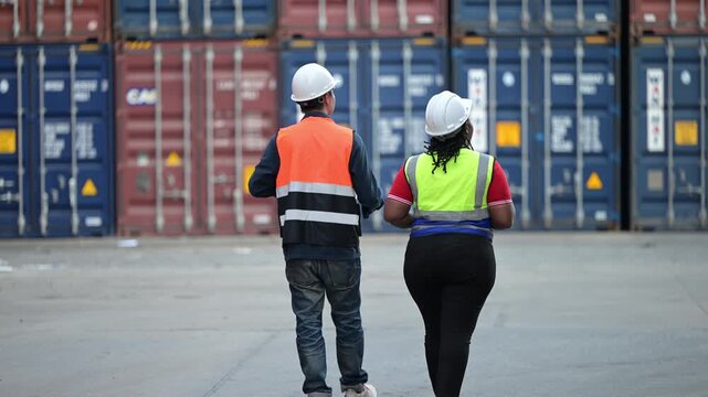 Logistics workers review operational data while inspecting shipping containers at a cargo yard. Concept of supply chain, freight transport, warehouse operations, teamwork, and logistics management.