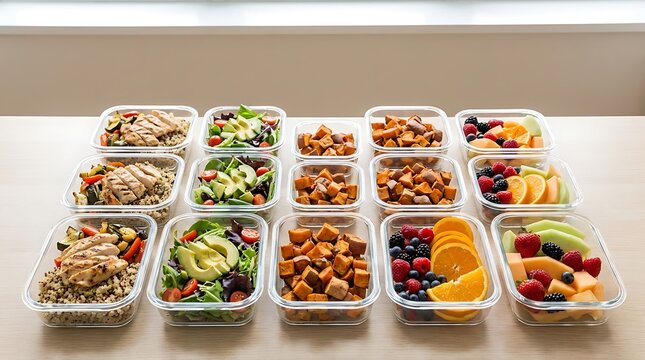 Healthy meal prep containers with fresh chicken salad fruits and vegetables for a balanced diet plan. nut free meal plan