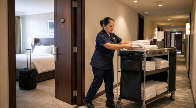 Housekeeper pushing service cart in hotel corridor