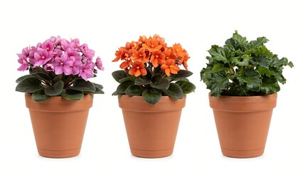 Naklejka premium Three blooming potted plants featuring pink and orange flowers in clay pots