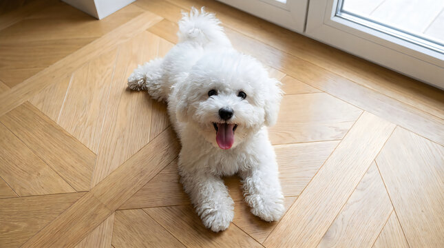 A happy white bichon frise dog lying on a beautiful lightcolored herringbone wooden floor in a bright and modern home interior