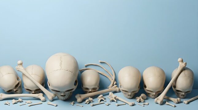 Human Skull and Bone Display on Blue Background