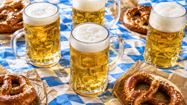 Cultural beer mugs beside salted bavarian pretzels on a blue white festival table, alpine traditional drink plus bakery snack pairing