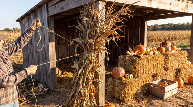 Grower ties cornstalks to a roadside farm stand loaded with pumpkins for autumn