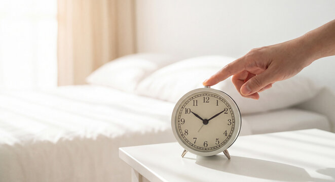 Hand reaching out to silence classic white alarm clock on bedside table next to bed in bright morning bedroom