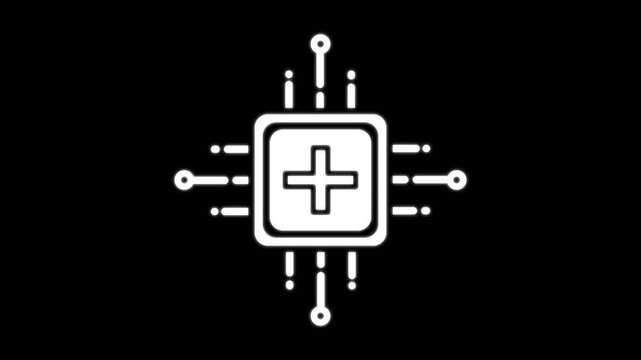 Medical technology icon featuring a digital health cross inside a circuit board, representing healthcare innovation, electronic medicine, diagnostics, biotechnology, and futuristic medical technology 