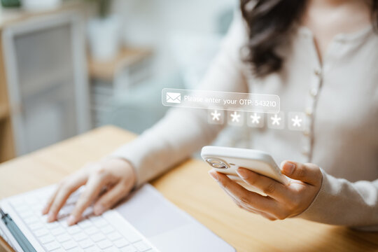 A person enters an OTP shown in a login prompt as security and verification combine authentication with code, account and protection while identity, MFA and access controls require a second OTP.