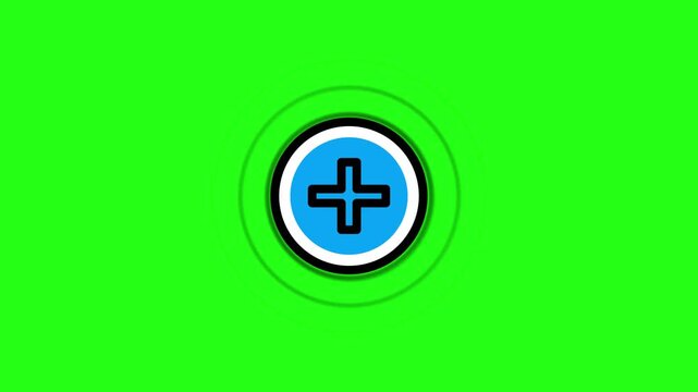 Blue medical plus icon inside a circular badge with black outline on a bright green background, representing healthcare, hospital, medicine, pharmacy, and emergency services symbol.
