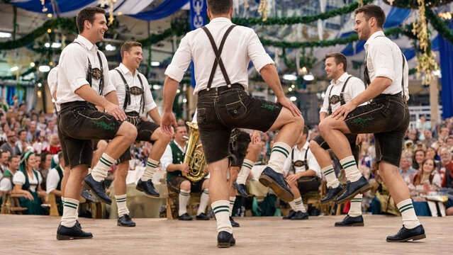 Bavarian folk dance troupe performing synchronized steps in traditional lederhosen, oktoberfest stage show, alpine heritage