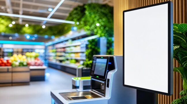 Blank digital advertising display mockup at modern grocery store self checkout kiosk