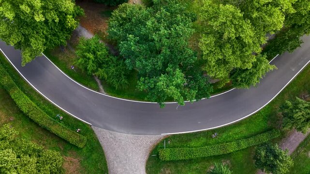 Aerial drone video shows senior cyclist turning left on curved road between green trees and hedges. Overhead summer scene captures mobility, recreation, park landscape, and peaceful travel