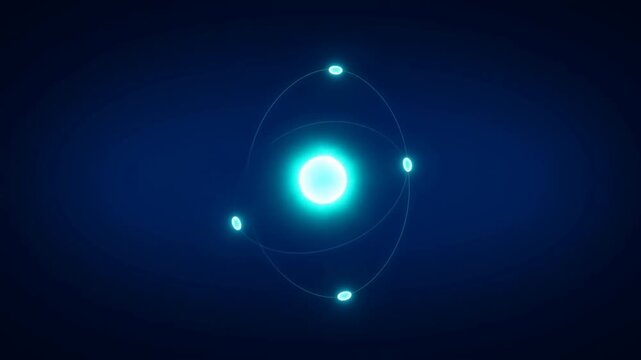 Glowing atom with electrons on orbital paths against dark blue science background