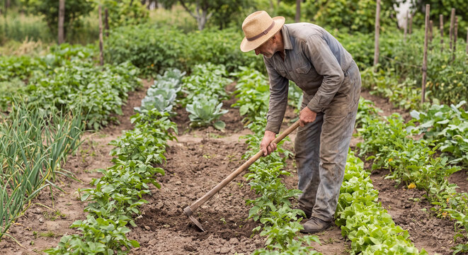 Senior male farmer using traditional garden hoe tool to weed and cultivate organic vegetable plants in agricultural field