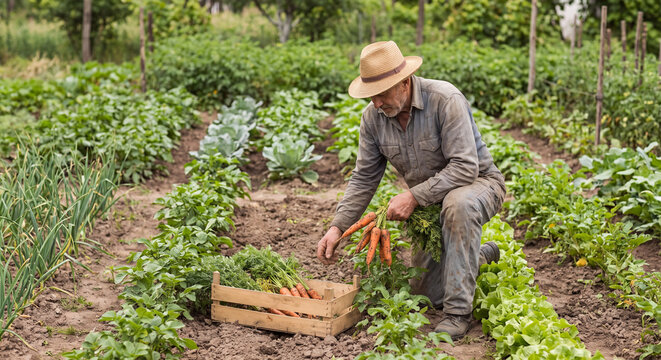 Farmer crouching in agricultural field while harvesting fresh organic carrots and placing vegetables into wooden crate