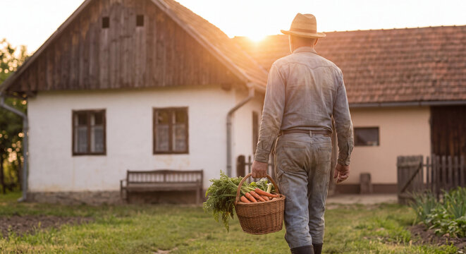 Back view of senior farmer carrying basket full of freshly picked vegetables walking towards rural country house at sunset