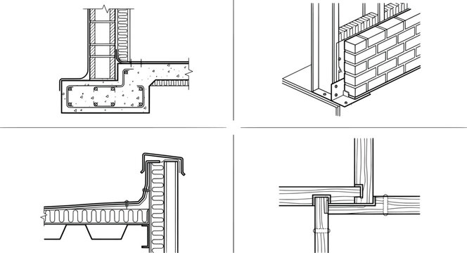 Technical construction details showing wall sections, foundations, and structural connections