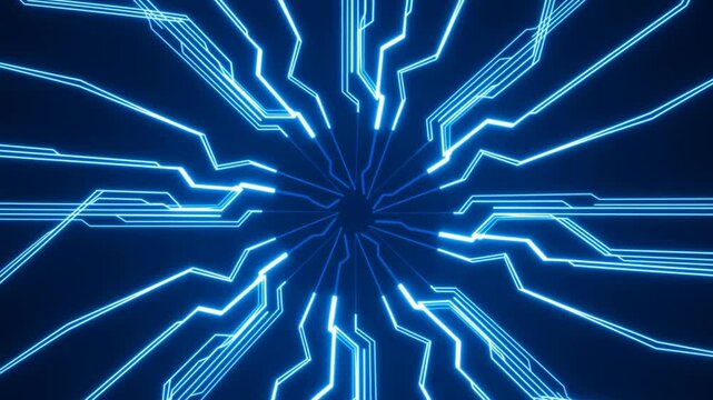 Blue glowing circuit pattern with radial lines on dark digital background