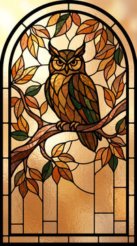 Stained glass window panel featuring a detailed majestic owl perched on an autumn branch surrounded by colorful fall leaves in warm golden hues and intricate patterns