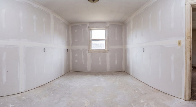 Wide angle view of an empty newly drywalled room with taped joints and mudded seams prepared for interior painting and finishing