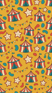 Whimsical seamless carnival circus pattern featuring retro tents smiling stars and festive bunting on a textured golden yellow background design