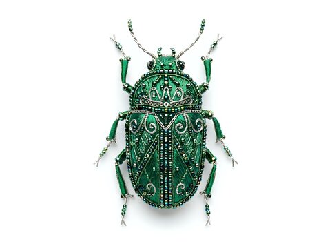 Emerald green beetle with ornate metallic patterning and detailed