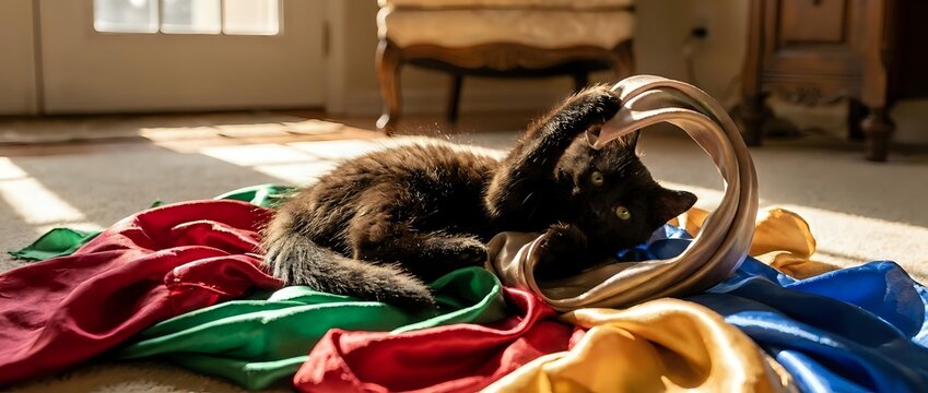 Long-haired cat playing with colorful ribbons and fabric strips