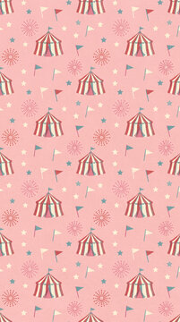 Seamless pattern featuring playful circus tents and festive bunting flags on a soft pink background perfect for baby shower and birthday stationery
