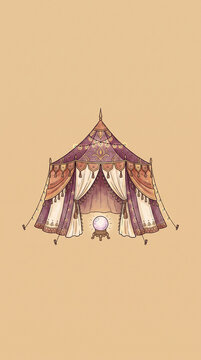 A mystical fortune teller tent featuring a glowing crystal ball for divination and magical prophecy in a vintage artistic hand drawn sketch aesthetic