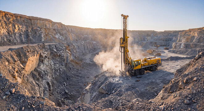 Industrial drilling rig machine drilling into rocky ground inside a large stone quarry during bright morning sunlight.