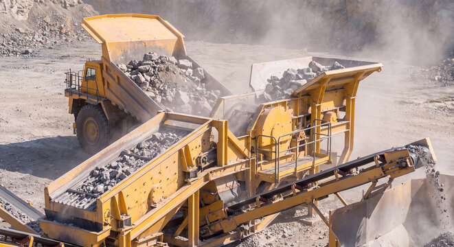 Heavy yellow dumper truck tipping and unloading raw crushed stones directly into the hopper of an industrial rock sorting plant.