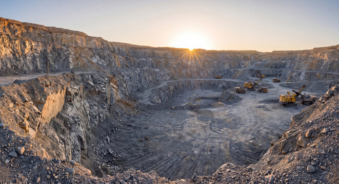 Wide panoramic landscape view of a massive open pit rock quarry with industrial machinery under bright golden sunset skies.