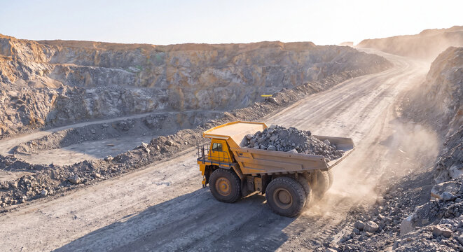 Large off highway mining dump truck carrying full load of crushed rocks moving along a dusty dirt track in an open pit quarry.