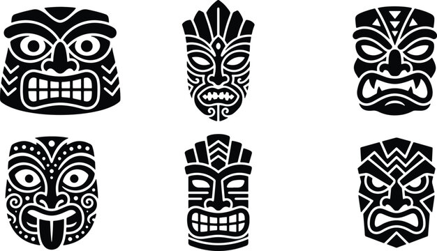 Tribal tiki mask silhouette collection featuring bold geometric patterns and expressive traditional faces