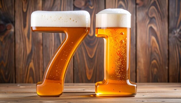 Beer Typography &mdash; Number 71 with Bubbles and Foam on Wooden Background