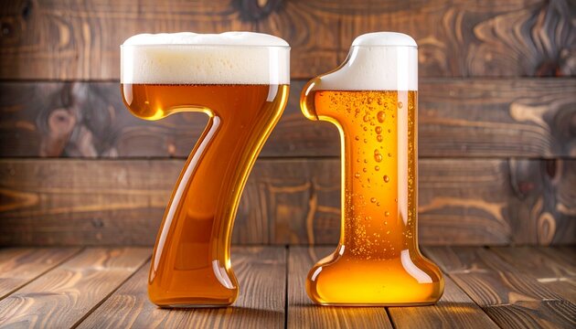 Beer Typography &mdash; Number 71 with Bubbles and Foam on Wooden Background