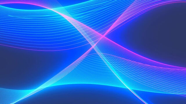Abstract neon light waves crossing over blue background with layered line patterns