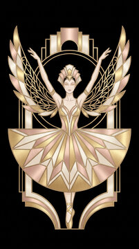 A stylized Art Deco ballerina illustration featuring elegant geometric wings and a golden tutu design set against a sophisticated deep black background