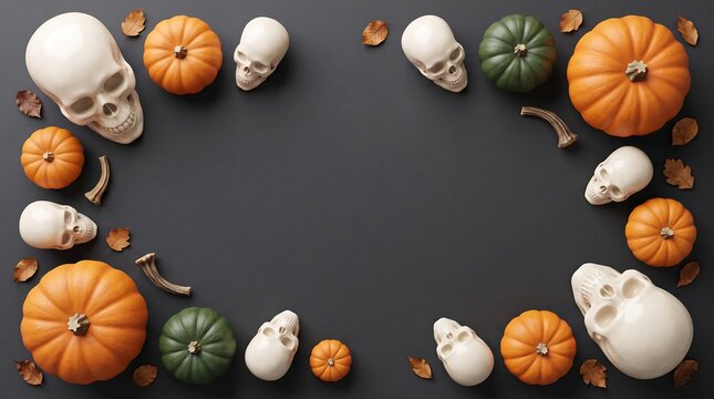 Top view of a halloween background with human skulls and assorted pumpkins arranged on a dark grey surface