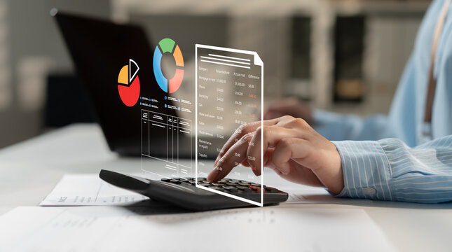 Businesswoman using a calculator with digital budget charts and financial data interface, representing expense analysis, financial planning, accounting, cost control and business management.