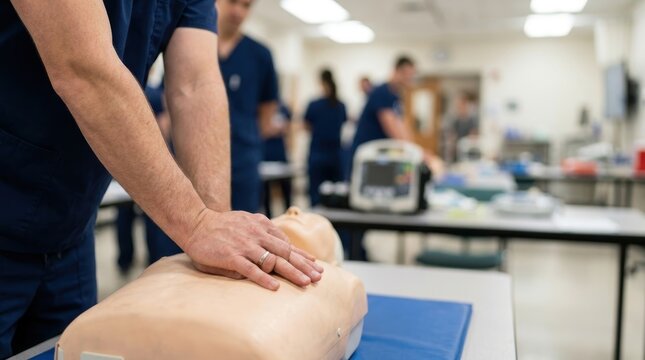 Medical professionals practice chest compressions on a CPR training mannequin in a classroom