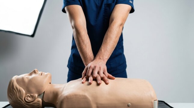 A person in blue scrubs practices chest compressions on a CPR training mannequin