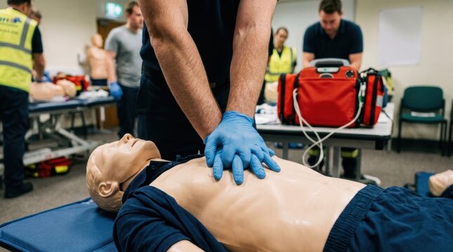 CPR training with instructor practicing chest compressions on a dummy mannequin emergency response