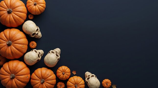 Flat lay composition of orange pumpkins and human skulls arranged on a dark black background with copy space