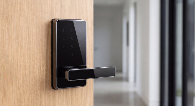 Black electronic keyless smart door lock with biometric fingerprint scanner mounted on contemporary wooden entrance door