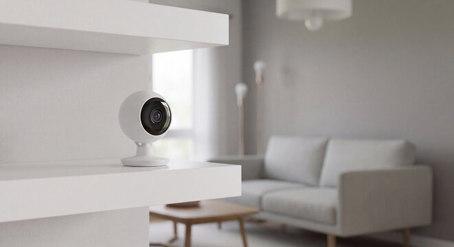 Compact modern wireless smart security camera positioned on white shelf monitoring bright contemporary living room