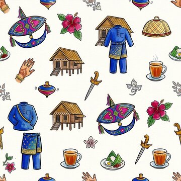 Traditional Malaysian cultural heritage objects seamless pattern watercolor