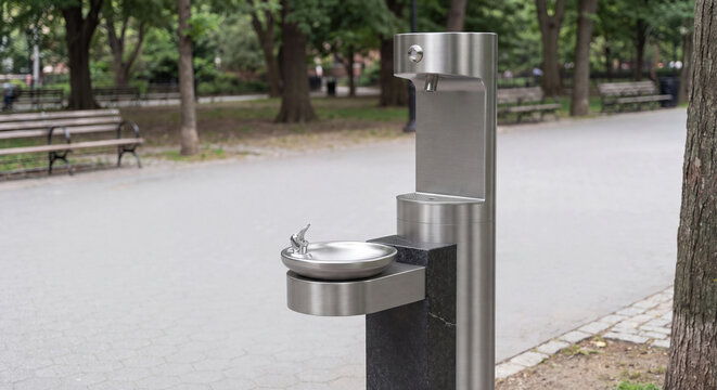 Modern metal public drinking water fountain standing beside paved pathway in green city park near sidewalk and street trees