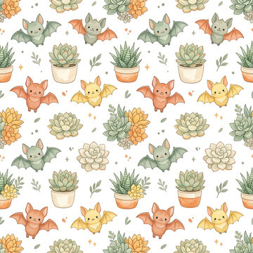 Cute pastel bats and potted succulent plants seamless pattern watercolor
