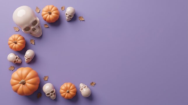 Flat lay composition of small orange pumpkins and human skulls arranged on a solid purple background for halloween