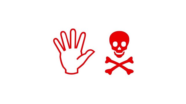 Red hand and skull crossbones warning sign icon animation on white background